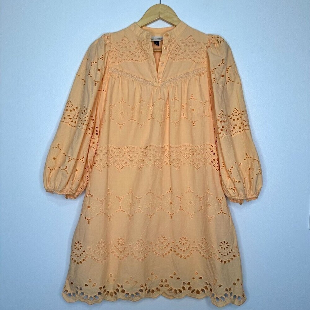Eyelet Puff Sleeve Mini Dress Size S Orange Boho